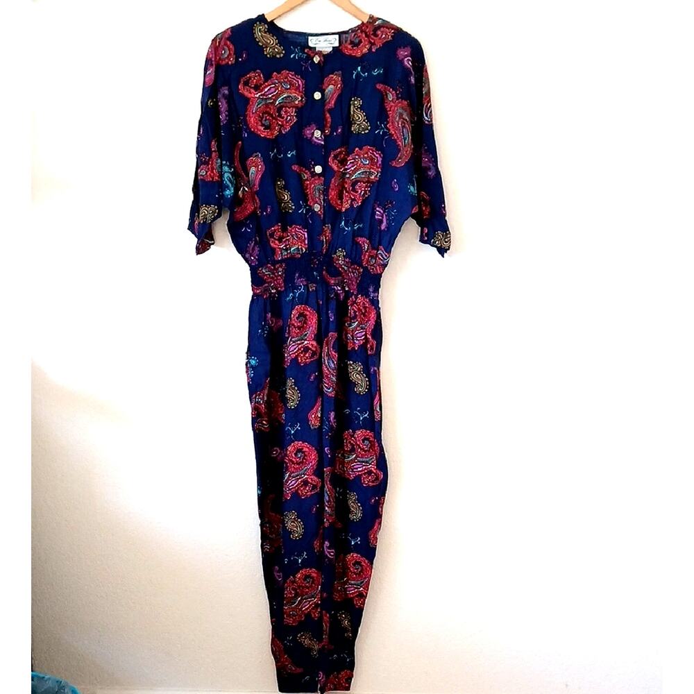 Vintage En Focus Blue Jumpsuit With Red Paisley Print